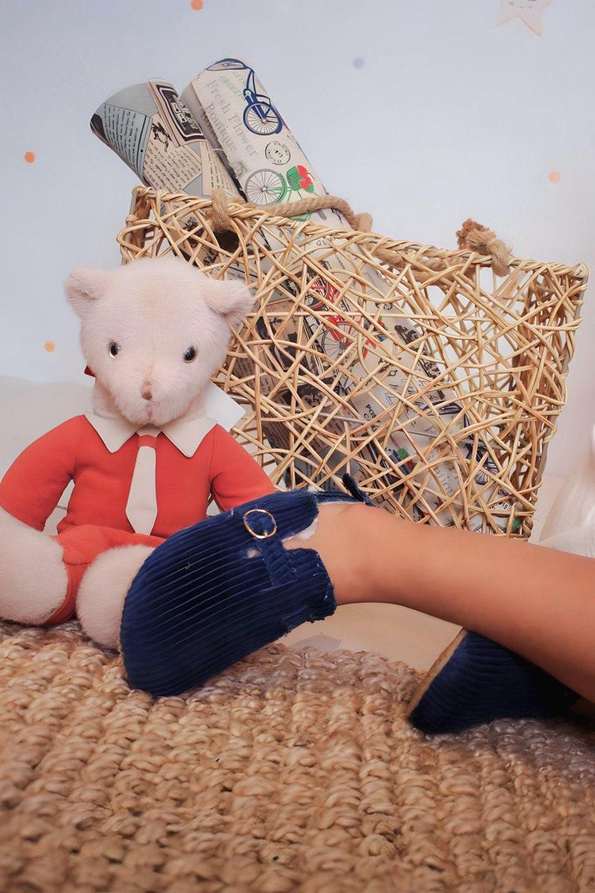 Navy Blue Velvet Slippers with Fur - La Farandole Paris