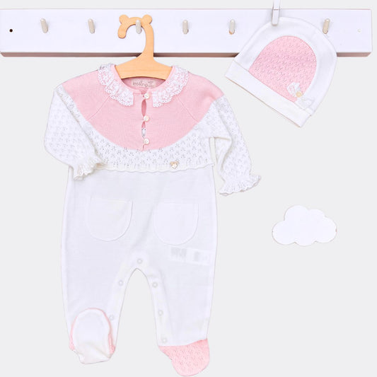 White And Pink Organic Cotton Overall With Hat