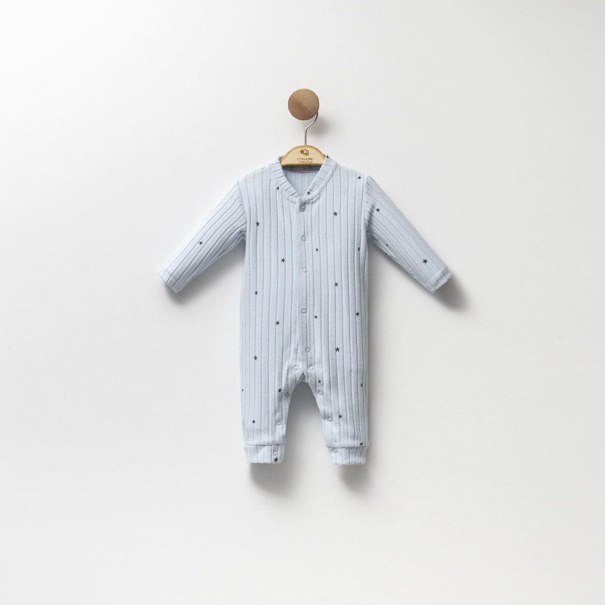 Light Blue Soft Velvet Ribbed Stars Design Overall - La Farandole Paris